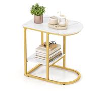 COSTWAY Mesa Auxiliar en Forma de C, Mesa Sofa de 2 Niveles, Superficie de Mármol Artificial y Estante de Almacenamiento, Mesita Auxiliar Moderno Salon Sofa Dormitorio, 60 x 40 x 60 cm