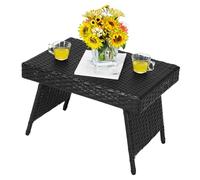 COSTWAY Mesa Baja de Mimbre Plegable, Mesa de Mimbre de Exterior con Tabla en PVC y Estructura en Acero Resistente, Almohadillas Antideslizantes, Patio Balcón Jardín, Diseño Salva Espacio (Negro)