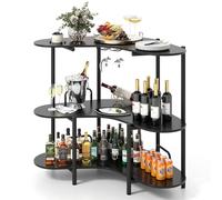 COSTWAY Mesa de Bar de 3 Niveles, Unidad de Bar con Soportes para Copas y Estantes, Marco Metálico, Gabinete de Vino para Esquina para Hogar Cocina Bistro, 120 x 66 x 102 cm (Negro)