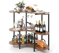 COSTWAY Mesa de Bar de 3 Niveles, Unidad de Bar con Soportes para Copas y Estantes, Marco Metálico, Gabinete de Vino para Esquina para Hogar Cocina Bistro, 120 x 66 x 102 cm (Marrón)