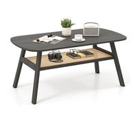 COSTWAY Mesa de Café de 2 Niveles, Mesa de Centro Rectangular con Estante de Almacenamiento de Ratán y Patas de Madera de Caucho, Mesita de Cóctel Rústica para Salon