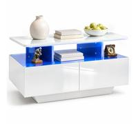 COSTWAY Mesa de Centro con Luces LED y 4 Cajones, Blanco Brillante | Mesita de Café Rectangular con Compartimientos Abiertos y Control Remoto, Mesa de Sofá Moderna para Salón y Estudio
