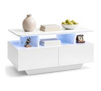 COSTWAY Mesa de Centro con Luces LED y 4 Cajones, Blanco Mate | Mesita de Café Rectangular con Compartimientos Abiertos y Control Remoto, Mesa de Sofá Moderna para Salón y Estudio