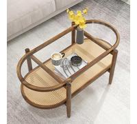 COSTWAY Mesa de Centro de 2 Niveles, Mesita Auxiliar para Salon con Tablero de Vidrio Templado y Estante de Ratán PE, Mesa de Café de Madera para Salon Oficina Dormitorio, 102 x 56 x 47 cm (Natural)