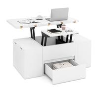 COSTWAY Mesa de Centro Elevable con 4 Taburetes, 3 en 1 Mesa de Salón Extensible con Compartimento Oculto y Cajón, Mesita Rectangular Convertible en Mesa de Comedor (Blanco)