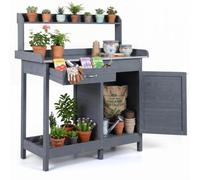 COSTWAY Mesa de Jardinería, Banco de Trabajo para Plantas con Cajón (Gris) | Estante Abierto 3 Ganchos Premium, Banco de Jardinería de Madera con Almacenamiento para Exteriores en Jardín, Patio Trasero