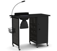 COSTWAY Mesa de Manicura con 6 Ruedas Bloqueables, Escritorio con Bolsas para Polvo y Ventilador de Succión, 4 Cajones, Almohadilla para Muñeca, Lámpara LED, Cesta de Alambre y Gabinete Bloqueable