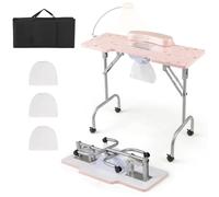 COSTWAY Mesa de manicura Plegable, Mesa de uñas con colector de Polvo eléctrico, lámpara LED, reposamuñecas y Ruedas, Mesa de manicura Efecto mármol, Incluye Bolsa de Transporte (Rosa)