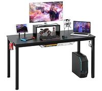 COSTWAY Mesa de Ordenador de 140 cm con Soporte para Bebidas, Escritorio Grande para Videojuegos, Mesa de Juegos con Bandeja para Monitor, Gancho para Auriculares, Cesta de Almacenamiento, Bandeja