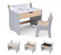 COSTWAY Mesa y Silla Infantil 3 en 1, Mesa Infantil con Silla de Madera con Pizarra de Doble Cara, Soporte para Rollo de Papel, Pupitre para Niños con Espacio de Almacenamiento para Dibujar (Gris)
