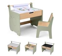 COSTWAY Mesa y Silla Infantil 3 en 1, Mesa Infantil con Silla de Madera con Pizarra de Doble Cara, Soporte para Rollo de Papel, Pupitre para Niños con Espacio de Almacenamiento para Dibujar (Verde)