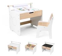 COSTWAY Mesa y Silla Infantil 3 en 1, Mesa Infantil con Silla de Madera con Pizarra de Doble Cara, Soporte para Rollo de Papel, Pupitre para Niños con Espacio de Almacenamiento para Dibujar (Blanco)