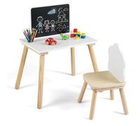 COSTWAY Mesa y Silla Infantil de Madera con Pizarra de Doble Cara | Mesa Infantil con Silla, Vaso para Pinceles y Respaldo Cómodo, Mueble de Arte para Dibujar, Comer y Estudiar