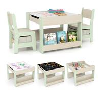 COSTWAY Mesa y Sillas Infantil, Mesa de Actividades 4 en 1 para Niños con Superficie Reversible, 2 Estantes para Libros y Cajas de Almacenaje, Set de Muebles Infantil de 3 Piezas (Verde,con Estante)