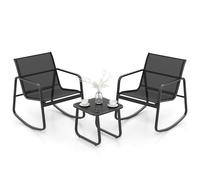 COSTWAY Mesa y Sillas Terraza, 2 Mecedoras de Bistró y 1 Mesa Baja con Tapa de Vidrio, Tela Textilene, Conjunto Jardin Terraza Exterior Balcon, Juego de Mecedora (Negro)