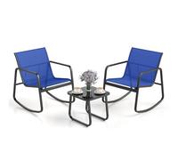 COSTWAY Mesa y Sillas Terraza, 2 Mecedoras de Bistró y 1 Mesa Baja con Tapa de Vidrio, Tela Textilene, Conjunto Jardin Terraza Exterior Balcon, Juego de Mecedora (Azul)