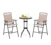 COSTWAY Mesa y Sillas Terraza de 3 Piezas, Vidrio Templado Con Orificio para Sombrilla de 4 Cm, 2 Sillas Plegables, Conjunto para Jardín Balcón Exterior, Beige