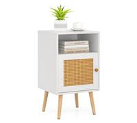 COSTWAY Mesita de Noche de Ratán, Mesa Auxiliar con Estante Abierto y Puerta Decorada de Ratán PE, Patas de Madera Maciza, Mesilla de Noche Dormitorio Salon Sofa, 40 x 39 x 70 cm (1,Blanco)