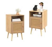 COSTWAY Mesita de Noche de Ratán, Mesa Auxiliar con Estante Abierto y Puerta Decorada de Ratán PE, Patas de Madera Maciza, Mesilla de Noche de Estilo Granja para Dormitorio, Sala de Estar (2)