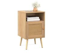 COSTWAY Mesita de Noche de Ratán, Mesa Auxiliar con Estante Abierto y Puerta Decorada de Ratán PE, Patas de Madera Maciza, Mesilla de Noche de Estilo Granja para Dormitorio, Sala de Estar (1)