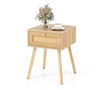 COSTWAY Mesitas de Noche de Ratán con Cajón, 40 x 40 x 55 cm, Mesilla de Noche Boho, Patas de Madera de Pino, Mesa Auxiliar Dormitorio Salon Sofa, Natural (1)