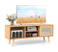 COSTWAY Mueble de TV con 2 Puertas correderas, Mueble bajo para TV de hasta 55 Pulgadas, Mueble de televisión, Consola Multimedia para Dormitorio, salón, Color Natural