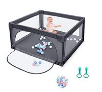 COSTWAY Parque Infantil Bebe,126x126x68cm, Corralito Bebe, Centro Actividad Portátil con Malla Transpirable, Parque de Juegos Bebé con Ventosas Antideslizantes, 50 Bolas y 2 Anillos (Gris Oscuro)
