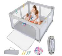 COSTWAY Parque Infantil Bebé 127 x 127 x 72,5 cm, Parque de Juegos Plegable con 50 Bolas Oceánicas y 4 Agarraderas, Corralito con Puerta con Cremallera y Pared de Malla para Bebé de 0-3 Años (Gris)