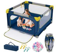 COSTWAY Parque Infantil Bebé 127 x 127 x 72,5 cm, Parque de Juegos Plegable con 50 Bolas Oceánicas y 4 Agarraderas, Corralito con Puerta con Cremallera y Pared de Malla para Bebé de 0-3 Años (Azul)