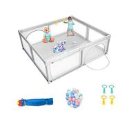 COSTWAY Parque Infantil Bebe,206x185,5x68cm, Corralito Bebe con 2 Puertas, Centro Actividad Portátil con Redes Transpirables y Ventosas Antideslizantes, 50 Bolas y 4 Anillos (gris)