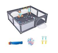 COSTWAY Parque Infantil Bebe,206x185,5x68cm, Corralito Bebe con 2 Puertas, Centro Actividad Portátil con Redes Transpirables y Ventosas Antideslizantes, 50 Bolas y 4 Anillos (gris oscuro)