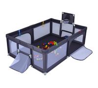 COSTWAY Parque Infantil Bebe, 207 x 145 x 68 cm Corralito Bebe con Canasta de Baloncesto y Redes de Fútbol, 50 Pelotas y 4 Anillas, Parque de Juegos con Puertas con Cremallera y Malla (Gris Oscuro)