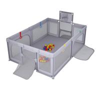 COSTWAY Parque Infantil Bebe, 207 x 145 x 68 cm Corralito Bebe con Canasta de Baloncesto y Redes de Fútbol, 50 Pelotas y 4 Anillas, Parque de Juegos con Puertas con Cremallera y Malla (Gris Claro)