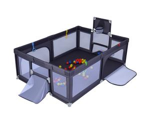 COSTWAY Parque Infantil Bebe, 207 x 145 x 68 cm Corralito Bebe con Canasta de Baloncesto y Redes de Fútbol, 50 Pelotas y 4 Anillas, Parque de Juegos con Puertas con Cremallera y Malla (Gris Oscuro)