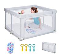 COSTWAY Parque Infantil Bebe Plegable, Parque de Juegos para Bebé, 124x124x70cm, Corralito Bebe con Malla Transpirable y Ventosas Antideslizantes, 50 Bolas, 4 Anillos de Agarre (Gris Ligero)