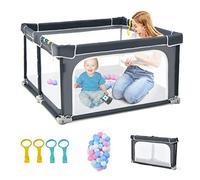 COSTWAY Parque Infantil Bebe Plegable, Parque de Juegos para Bebé, 124x124x70cm, Corralito Bebe con Malla Transpirable y Ventosas Antideslizantes, 50 Bolas, 4 Anillos de Agarre (Gris Oscuro)