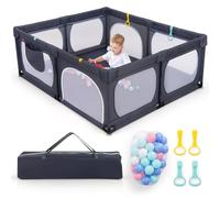 COSTWAY Parque Infantil Grande190 x 158 cm con 4 Anillas y 50 Bolas Oceánicas, Puerta con Cremallera y Malla Transpirable, Bolsillo y Bolsa de Transporte, para Bebés de 0-3 Años (Gris Oscuro)