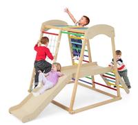 COSTWAY Parque Infantil para Interior 6 en 1, Montessori Parque Infantil Barras, Tobogán, Cuerda y Escaleras de Madera, Juego Escalador de Juguete con Anclajes para Niños 1+ Año (Multicolor)