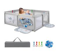 COSTWAY Parque infantil plegable de 205 x 147 cm, con 50 pelotas, 2 puertas, bolsillo lateral, red transpirable y cremallera, para bebés y niños pequeños (peces gris)