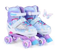 COSTWAY Patines en Línea para Niños Niñas, Patines en Paralelo Ajustables en 4 Tallas con 4 Ruedas Luminosas, Triple Protección para Principiantes y Temática de Mariposas Interior Exterior (Azul,M)