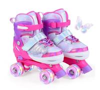 COSTWAY Patines en Línea para Niños Niñas, Patines en Paralelo Ajustables en 4 Tallas con 4 Ruedas Luminosas, Triple Protección para Principiantes y Temática de Mariposas Interior Exterior (Rosa,M)