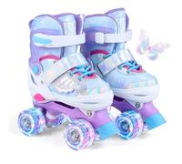 COSTWAY Patines en Línea para Niños Niñas, Patines en Paralelo Ajustables en 4 Tallas con 4 Ruedas Luminosas, Triple Protección para Principiantes y Temática de Mariposas Interior Exterior (Azul,S)