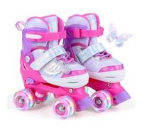 COSTWAY Patines en Línea para Niños Niñas, Patines en Paralelo Ajustables en 4 Tallas con 4 Ruedas Luminosas, Triple Protección para Principiantes y Temática de Mariposas Interior Exterior (Rosa,S)