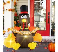 COSTWAY Pavo Inflable con Calabaza, Decoración Inflable para Acción de Gracias con Luces LED, Sombrero de Peregrino y Cola Colorida, Inflables para Acción de Gracias para Interior y Exterior