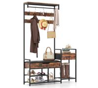 COSTWAY Perchero con Zapatero, Perchero Recibidor con Banco para Zapatos, 12 Ganchos, Cajón y Estante, Banco de Entrada Industrial para Salón, Dormitorio, Pasillo, Marrón Rústico, 120 x 30 x 178 cm