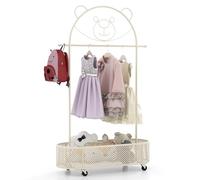 COSTWAY Perchero Infantil, Burro Ropa Altura Ajustable en 130/150/182 cm, Perchero Burro Ropa con Dibujo de Oso, 4 Ruedas Universales, Cesta de Almacenamiento lnferior para Niños y Adultos (Blanco)