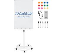 COSTWAY Pizarra Móvil 100x65 cm, Pizarra Blanca Magnética Ajustable Altura y Ruedas, Pizarra Blanca con Clips de Papel y Bandeja, Bloc de Notas de 25 Hojas, Imanes, Marcadores y Borrador (blanco)