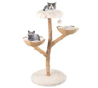 COSTWAY Rascador para Gatos, Árbol para Gatito Moderno de Madera Maciza, 122 cm Torre Gatos Rascador con Plataforma Forma de Flores, 2 Nidos con Cojines, Poste de Yute, Bola Colgante, Blanco y Natural