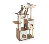 COSTWAY Rascador para Gatos de 145 cm, Rascador Árbol para Gato con Escalera de Trepa, Hamaca Colgante y 2 Gondos para Gato, con Plataformas y