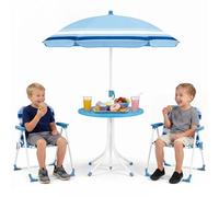 COSTWAY Set de Mesa Picnic Infantil de 4 Piezas, Mesa Infantil de Exterior con 2 Sillas Plegables y Sombrilla de Altura Ajustable, Mesita Redonda y Sillones para Niños 3-6 Años (Azul)